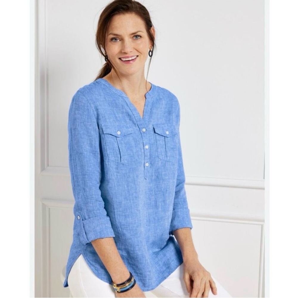 Talbots Blue Linen Blend Tunic Top Size Small Relaxed Fit Roll Tab Sleeve